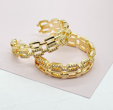 Load image into Gallery viewer, 18k Gold Filled Chain Link Hoop Earrings Featuring Cubic Zirconia, Dainty Curb