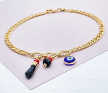 Load image into Gallery viewer, 18k Gold Filled Cuban Link Anklet: Evil Eye & Figa Charms