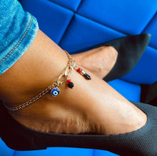 Load image into Gallery viewer, 18k Gold Filled Cuban Link Anklet: Evil Eye & Figa Charms