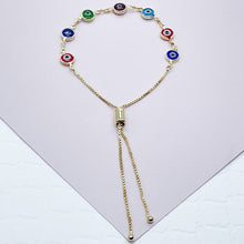 Load image into Gallery viewer, 18k Gold Filled Adjustable Evil Eye Bracelet Featuring Slide Clasp Hypoallergenic Jewelry