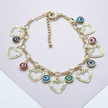 Load image into Gallery viewer, 18k Gold Filled Charm Bracelet Featuring Seven Hearts and Seven Colorful Evil Eyes