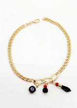 Load image into Gallery viewer, 18k Gold Filled Cuban Link Anklet: Evil Eye & Figa Charms