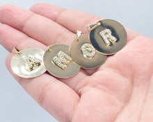 Load image into Gallery viewer, 18k Gold Filled Round Initial Charm with Micro Pave Zirconia Letters For