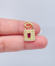 Load image into Gallery viewer, 18k Gold Filled Lock Charm: Micro Pave Cubic Zirconia, Synthetic Ruby Pendant