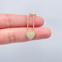Load image into Gallery viewer, 18k Gold Filled Heart Safety Pin Charm: Micro Pave Cubic Zirconia Pendant