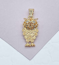 Load image into Gallery viewer, 18k Gold Filled Owl Charm Featuring Cubic Zirconia Eyes And Jewelry Making Supplies Pendant