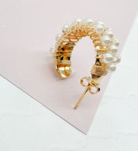 Load image into Gallery viewer, 18k Gold filled Hoop Earrings Featuring A Wire Wrap of Pearls Around The Hoop