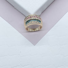 Load image into Gallery viewer, 18k Gold Filled Colorful Patterned Ring Featuring Light Blue, Magenta And Clear Cubic Zirconia