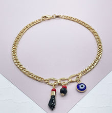 Load image into Gallery viewer, 18k Gold Filled Cuban Link Anklet: Evil Eye & Figa Charms