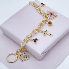 Load image into Gallery viewer, 18k Gold Filled Charm Bracelet: Enamel, Cross, Heart, Crystals