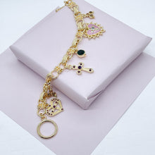 Load image into Gallery viewer, 18k Gold Filled Charm Bracelet: Enamel, Cross, Heart, Crystals
