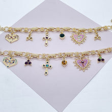 Load image into Gallery viewer, 18k Gold Filled Charm Bracelet: Enamel, Cross, Heart, Crystals