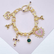 Load image into Gallery viewer, 18k Gold Filled Charm Bracelet: Enamel, Cross, Heart, Crystals