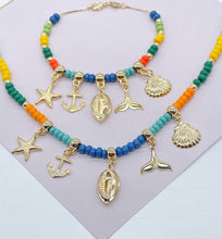 Load image into Gallery viewer, 18k Gold Filled Colorful Beads Sea Inspired Charm Set Bracelet n Necklace Marine