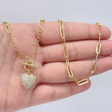 Load image into Gallery viewer, 18k Gold Filled Paper Clip Chain Bracelet Necklace: Pave Cubic Zirconia Heart