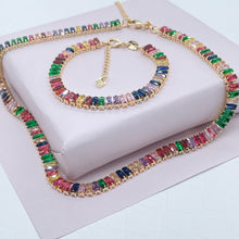Load image into Gallery viewer, 18k Gold Filled Choker Necklace And Bracelet Set With Colorful Baguette Cubic