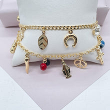 Load image into Gallery viewer, 18k Gold Filled Luck Charms Bracelet Protection, Good Luck, Money Prosperity Featuring Evil Eyes, "Figa", Clover, Crystals, Guadalupe