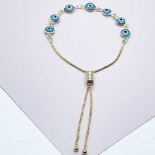 Load image into Gallery viewer, 18k Gold Filled Adjustable Evil Eye Bracelet Featuring Slide Clasp Hypoallergenic Jewelry