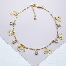 Load image into Gallery viewer, 18k Gold Filled Evil Eye Charm Anklet: Figaro Chain & Cubic Zirconia