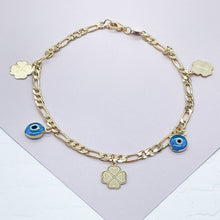 Load image into Gallery viewer, 18k Gold Filled Evil Eye Clover Anklet - Figaro Chain