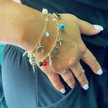 Load image into Gallery viewer, 18k Gold Filled Luck Charms Bracelet Protection, Good Luck, Money Prosperity Featuring Evil Eyes, "Figa", Clover, Crystals, Guadalupe