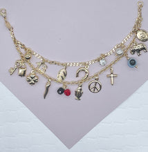 Load image into Gallery viewer, 18k Gold Filled Luck Charms Bracelet Protection, Good Luck, Money Prosperity Featuring Evil Eyes, "Figa", Clover, Crystals, Guadalupe
