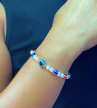 Load image into Gallery viewer, 18k Gold Filled Evil Eye & Pearl Adjustable Bracelet Featuring Slide Clasp