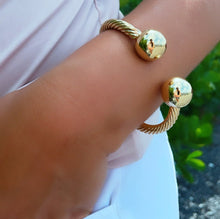 Load image into Gallery viewer, 18k Gold Filled Twisted Bangle Featuring Two Solid Balls On Top Bracelet Jewelry