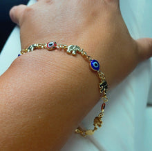 Load image into Gallery viewer, 18k Gold Filled Elephant and Evil Eye Bracelet Featuring Red And Blue Evil
