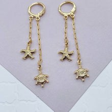 Load image into Gallery viewer, 18k Gold Filled Starfish and Turtle Dangling Earrings, Sea Ocean Marine Jewelry,