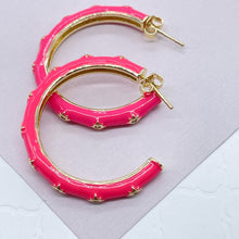 Load image into Gallery viewer, 18k Gold Filled Hoop Earrings: Colorful Enamel with Stars (35mm)