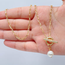 Load image into Gallery viewer, 18k Gold Filled Thin Paper Clip Necklace Lariat Featuring Pearl Toggle Closing