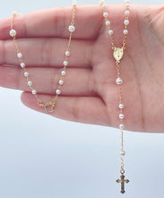 Load image into Gallery viewer, 18k Gold Filled Rosary: White Simulated Pearl Beaded Necklace