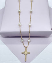 Load image into Gallery viewer, 18k Gold Filled Cream Pearl Rosary Style Necklace, Fashion Catholic Pearl Rosary
