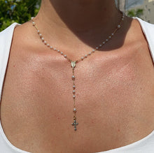 Load image into Gallery viewer, 18k Gold Filled White Simulated Pearl Beaded Rosary With Small Lady of Grace Medal and Tiny Cross