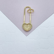Load image into Gallery viewer, 18k Gold Filled Heart Safety Pin Charm In Micro Pave Cubic Zirconia For