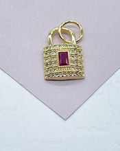 Load image into Gallery viewer, 18k Gold Filled Lock Charm: Micro Pave Cubic Zirconia, Synthetic Ruby Pendant