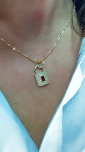 Load image into Gallery viewer, 18k Gold Filled Lock Charm: Micro Pave Cubic Zirconia, Synthetic Ruby Pendant