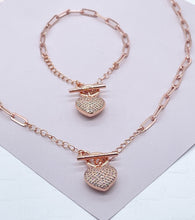 Load image into Gallery viewer, 18k Gold Filled Paper Clip Chain Bracelet Necklace: Pave Cubic Zirconia Heart