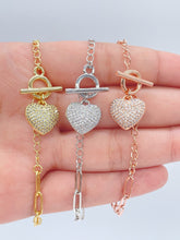 Load image into Gallery viewer, 18k Gold Filled Paper Clip Chain Bracelet Necklace: Pave Cubic Zirconia Heart