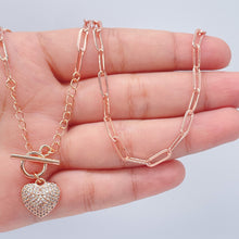 Load image into Gallery viewer, 18k Gold Filled Paper Clip Chain Bracelet Necklace: Pave Cubic Zirconia Heart