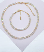 Load image into Gallery viewer, 18k Gold Filled Baguette Cubic Zirconia Choker Necklace and Bracelet Set