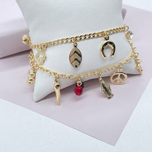 Load image into Gallery viewer, 18k Gold Filled Luck Charms Bracelet Protection, Good Luck, Money Prosperity Featuring Evil Eyes, "Figa", Clover, Crystals, Guadalupe