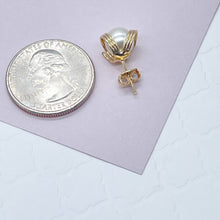 Load image into Gallery viewer, 18k Gold Filled Pearl Stud Side Wrapped By Gold Wire Hoop Detail, Small And Medium Size Available,