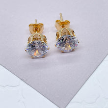 Load image into Gallery viewer, 18k Gold Filled 8mm Cubic Zirconia Round Stud Earrings Crown Settings