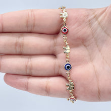 Load image into Gallery viewer, 18k Gold Filled Elephant and Evil Eye Bracelet Featuring Red And Blue Evil