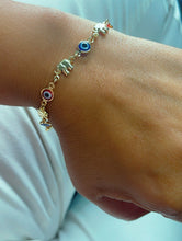 Load image into Gallery viewer, 18k Gold Filled Elephant and Evil Eye Bracelet Featuring Red And Blue Evil