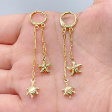 Load image into Gallery viewer, 18k Gold Filled Starfish and Turtle Dangling Earrings, Sea Ocean Marine Jewelry,