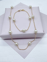Load image into Gallery viewer, 18k Gold Filled Pearl Necklace Bracelet Set: Shinny Ball Chain
