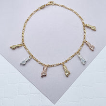 Load image into Gallery viewer, 18k Gold Filled Thin Figaro Anklet with Tri-Color "Figa", Silver, Gold And